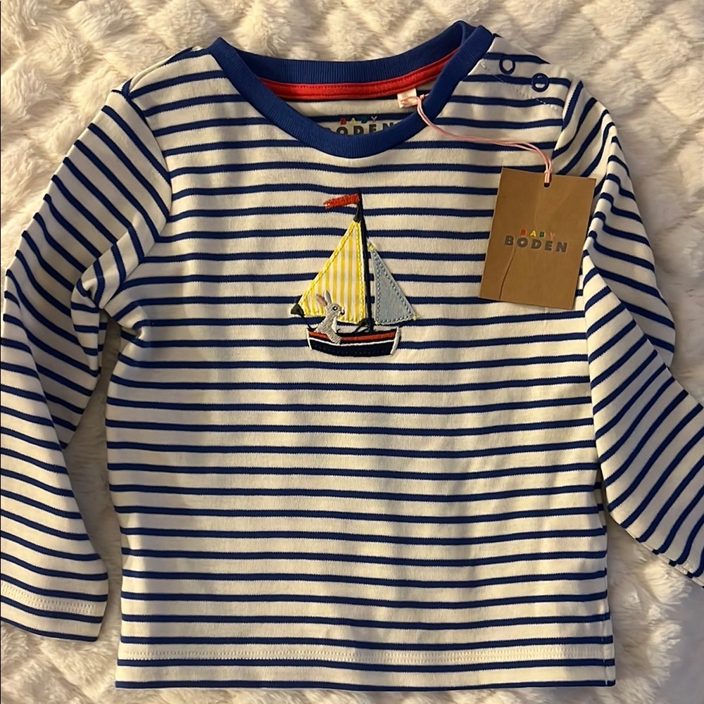BNWT: Baby Boden Blue and White Long Sleeve Tee Nautical Stripes